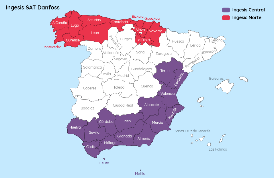 Mapa de cobertura nacional del Servicio Técnico Oficial Danfoss DrivePro® por Ingesis en 28 territorios de España, dividido en Sede Norte (Vizcaya) y Sede Central (Valencia)