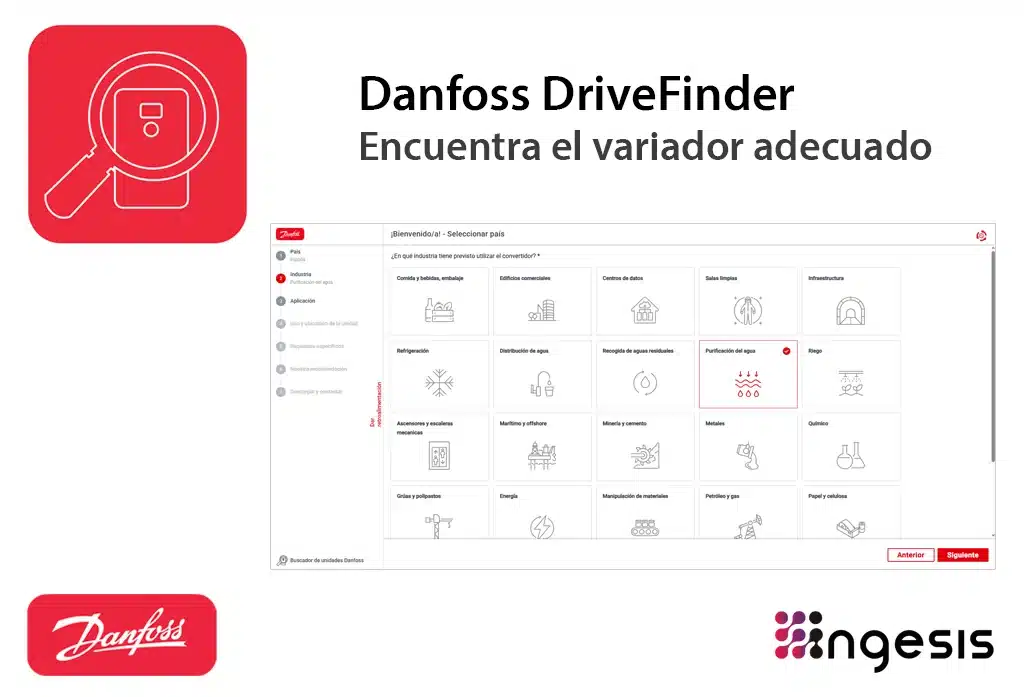 Interfaz de la herramienta Danfoss DriveFinder para seleccionar el variador de frecuencia adecuado según aplicación industrial