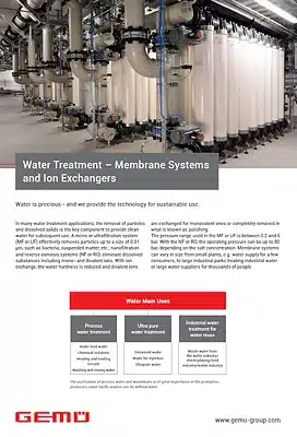 Folleto GEMÜ sobre filtración con válvulas de diafragma e intercambio de iones para tratamiento de aguas industriales.