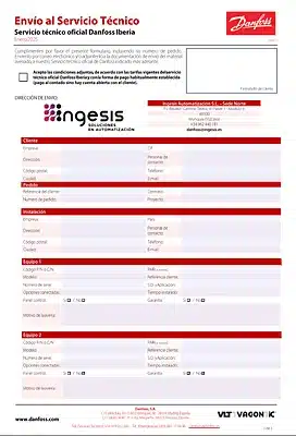 Formulario de solicitud de reparación Danfoss – Sede Norte Ingesis