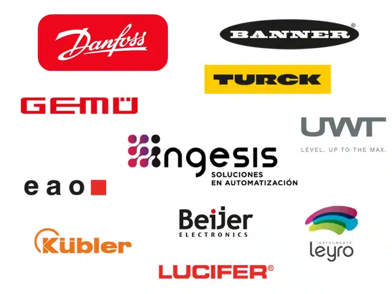 Logos de fabricantes industriales: Danfoss, Banner Engineering, Turck, Gemü, UWT, EAO, Kübler, Beijer Electronics, Lucifer Parker y otros, distribuidos por Ingesis en España.