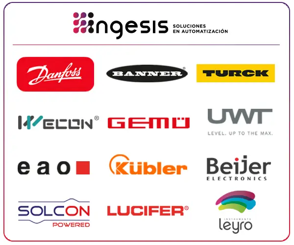 Logos de marcas industriales: Danfoss, Banner Engineering, Turck, GEMÜ, WECON y otras, distribuidas por Ingesis en España.