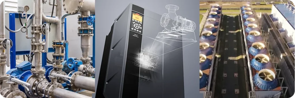 Aplicaciones industriales de ventiladores y bombas con variador de frecuencia Danfoss VLT® AQUA Drive FC 202.