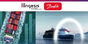 Banner con logos de Ingesis y Danfoss, un portacontenedores y un buque de pasajeros en el mar