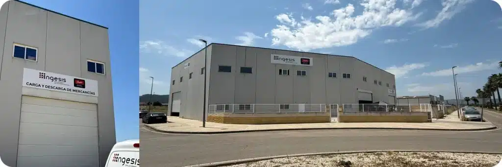 Exterior de la nueva sede central de Ingesis en Beneixida (Valencia), con fachada industrial y zona de carga y descarga
