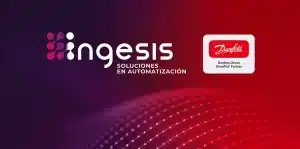 Logos de Ingesis Automatización y Danfoss Drives DrivePro Partner en el mural de entrada de la sede central