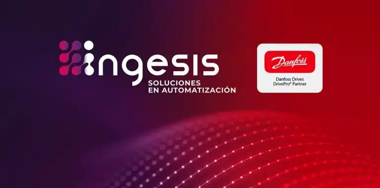 Logos de Ingesis Automatización y Danfoss Drives DrivePro Partner en el mural de entrada de la sede central