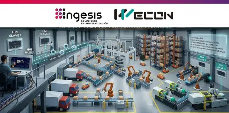 HMI IoT WECON Multilink conectando HMI maestro y HMI esclavos por Ethernet o WiFi en una fábrica automatizada