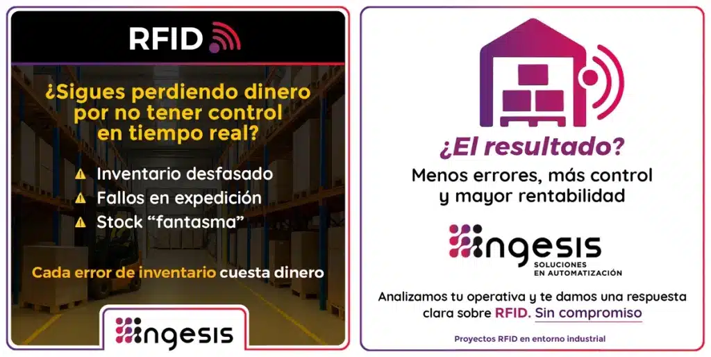 Infografía de Ingesis sobre beneficios del RFID en almacenes para evitar errores de inventario desfasedo y stock fantasma.