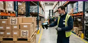 Operario escaneando cajas con etiquetas y logotipo RFID en un almacén logístico
