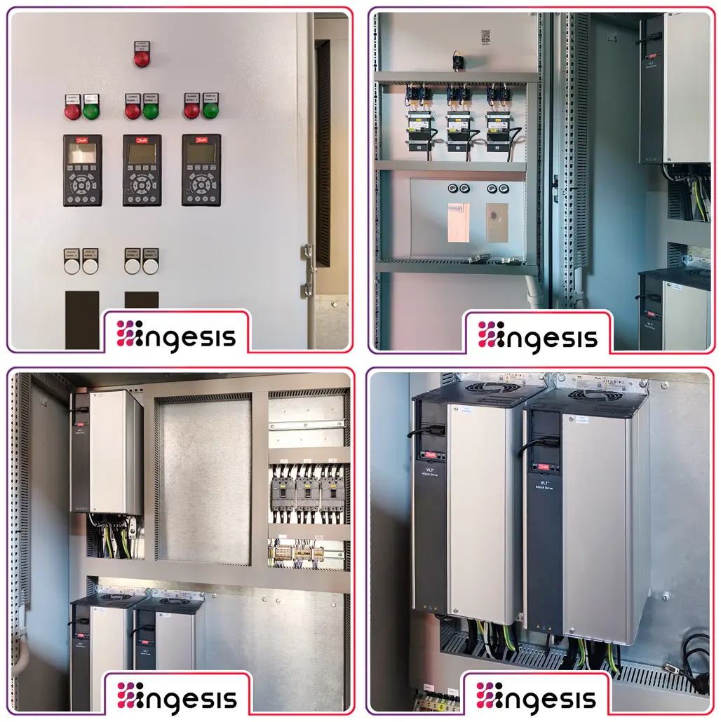 Cuadro eléctrico para sistema de control de presión con tres variadores Danfoss VLT® FC-202 y gestión inteligente de bombas mediante MultiMaster Cascade 2.0