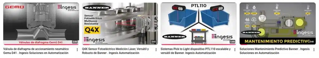 Miniatura de lista de reproducción sobre automatización industrial con vídeos de válvulas GEMÜ, sensores fotoeléctricos Banner, sistemas Pick to Light y mantenimiento predictivo para aplicaciones industriales.