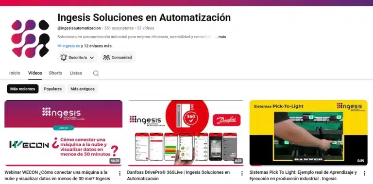 Canal de YouTube de Ingesis Automatización con listas de reproducción sobre automatización industrial, Danfoss Drives, RFID, Pick to Light, IIoT y formación técnica.