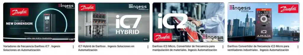 Miniatura de lista de reproducción Danfoss Drives España con vídeos sobre variadores de frecuencia VLT, VACON, iC2-Micro, iC7-Automation, iC7-Hybrid e iC7-Marine.