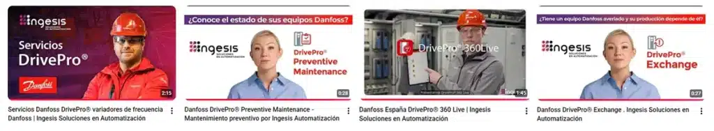 Miniatura de lista de reproducción DrivePro® Danfoss con vídeos sobre mantenimiento preventivo, soporte técnico y ciclo de vida de variadores de frecuencia.