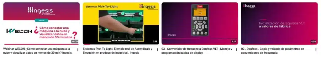 Miniatura de lista de reproducción con webinars y vídeos de formación industrial sobre IIoT, Pick to Light, conectividad industrial y variadores de frecuencia.