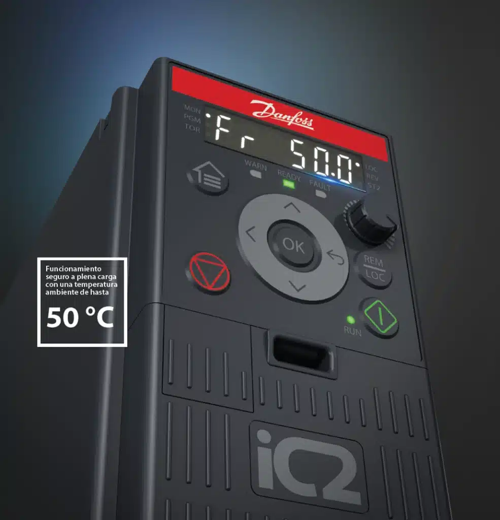iC2-Micro de Danfoss funcionando a plena carga con temperatura ambiente de hasta 50 °C.