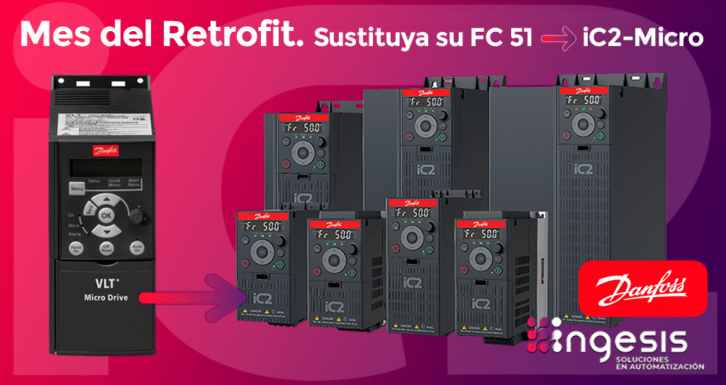 Migración de Danfoss VLT® Micro Drive FC 51 a iC2-Micro. Solución de retrofit para sustituir variadores FC 51 instalados en planta y reducir el riesgo de paradas no planificadas mediante una migración rápida y compatible al sustituto oficial Danfoss.