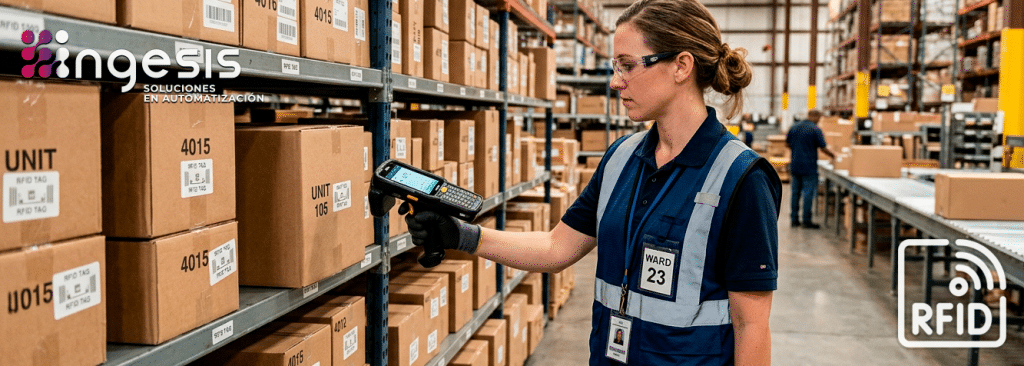 Lectura de etiquetas RFID para control de stock y trazabilidad en almacén industrial