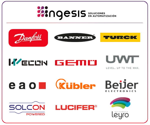 Logos de marcas industriales: Danfoss, Banner Engineering, Turck, GEMÜ, WECON y otras, distribuidas por Ingesis en España.