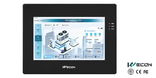Pantalla HMI WECON PI8070ig-H(C) de 7 pulgadas con pantalla capacitiva, resolución 1024 × 600, puerto Ethernet y comunicaciones RS232, RS422 y RS485.