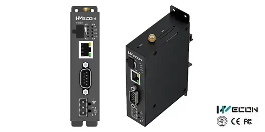 Nombre de archivo (webp): wecon-v-box-e-series.webp ALT: V-BOX WECON Serie E para integración de comunicaciones industriales por Ethernet y puerto serie